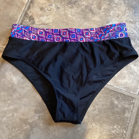 Boho Black Purple Pink Printed High Waist Bikini Swim Bottoms * Medium * NEW - Picture 1 of 7